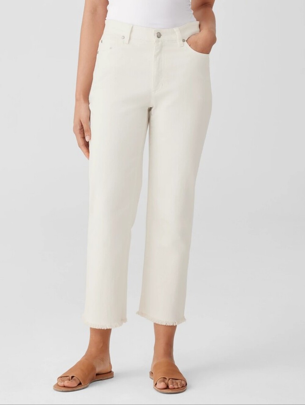 Eileen Fisher Organic Cotton Denim Jeans Slim Straight Ivory White Raw Hem Sz 8